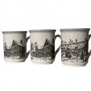 Vintage Bilton’s England Village Scene Stoneware Mug Set of 3 Thatched Cottage